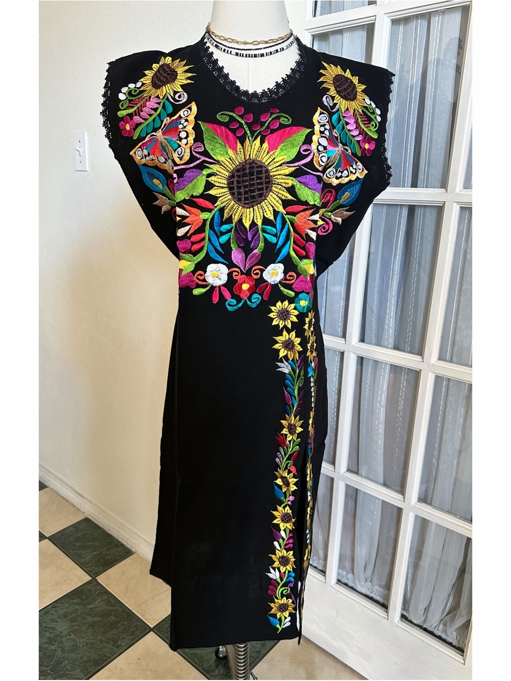 MEXICANA Midi Dress with Colorful Floral Embroidery